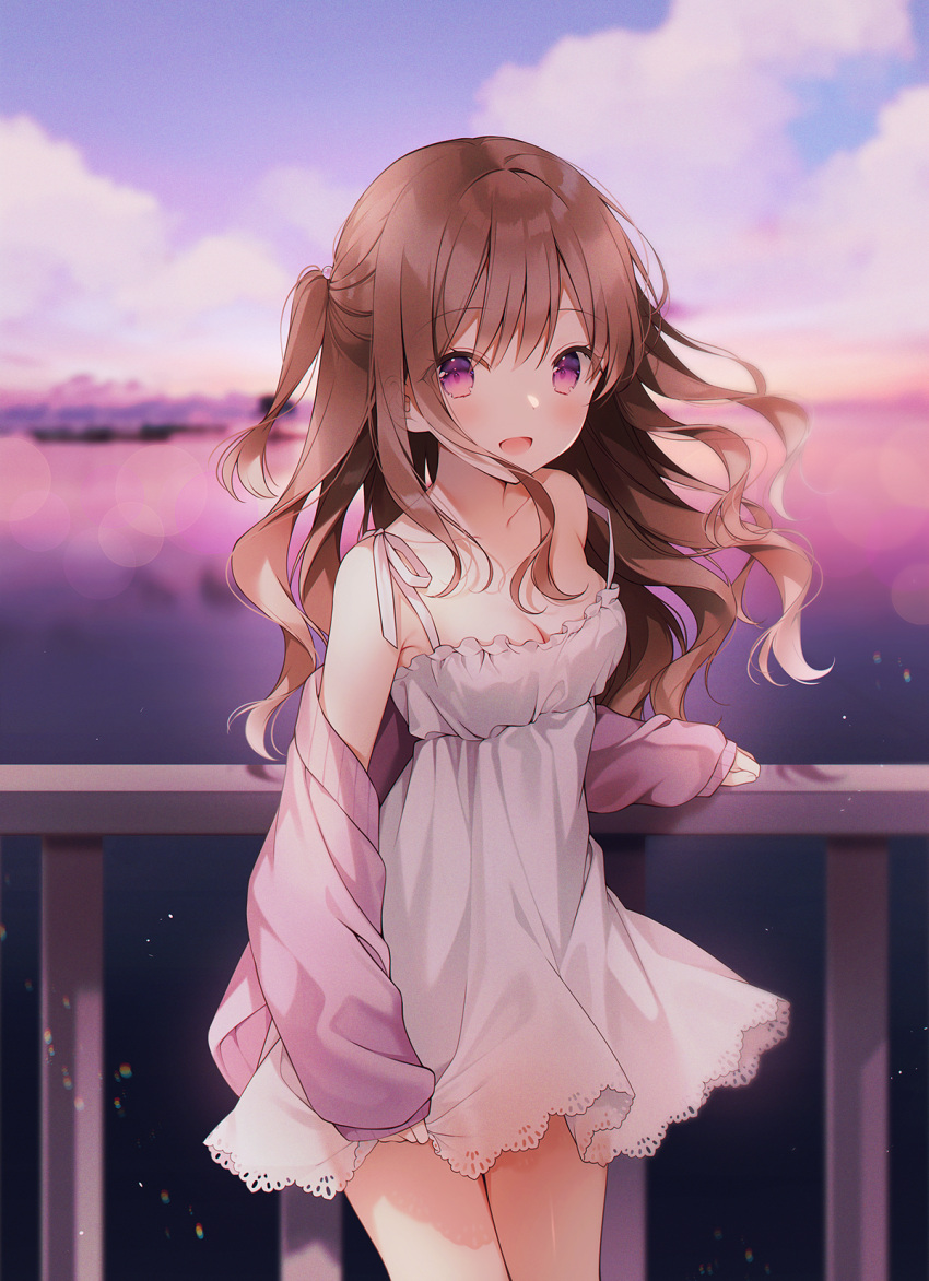 1girl :d bangs bare_shoulders blush breasts brown_hair collarbone cowboy_shot dress eyebrows_visible_through_hair hair_between_eyes highres jacket long_hair long_sleeves looking_at_viewer medium_breasts off_shoulder one_side_up open_clothes open_mouth original outdoors pink_jacket smile solo weri white_dress