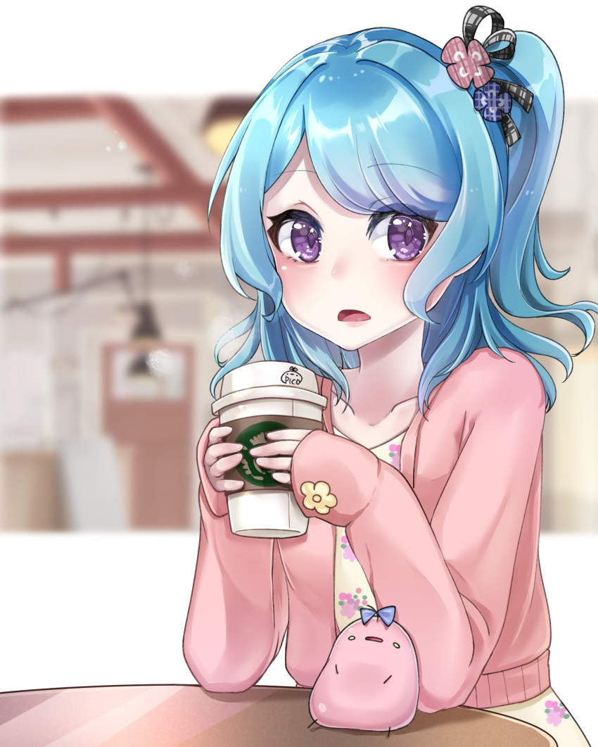 1girl absurdres artist_name bang_dream! bangs blue_hair blurry blurry_background cafe coffee_cup collarbone cup disposable_cup dress elbows_on_table floral_print flower hair_flower hair_ornament hair_ribbon highres holding holding_cup long_hair long_sleeves matsubara_kanon open_mouth pikorupi_(e_ni14) pink_cardigan print_dress ribbon sleeves_past_wrists solo stuffed_toy table violet_eyes yellow_dress