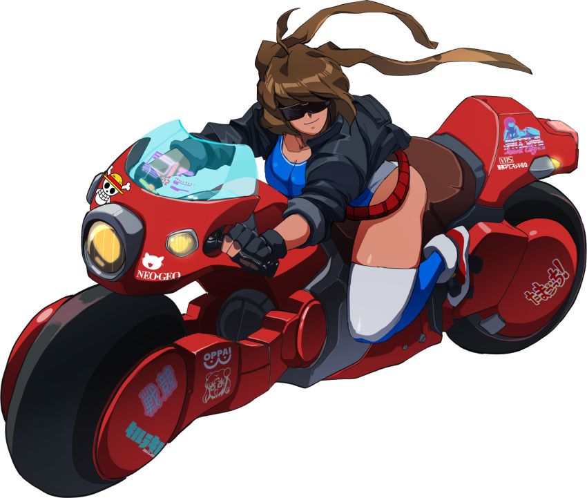 1girl 90s ahoge akira animal_ears babs_(battle_athlete) belt bishoujo_senshi_sailor_moon black_gloves blue_swimsuit breasts brown_hair cameo dark_skin david_liu fingerless_gloves full_body gloves ground_vehicle heads-up_display highres large_breasts loose_belt motor_vehicle motorcycle neo_geo one-punch_man one_piece original rabbit_ears riding shoes short_hair sneakers solo sunglasses swimsuit swimsuit_under_clothes thigh-highs videocasette