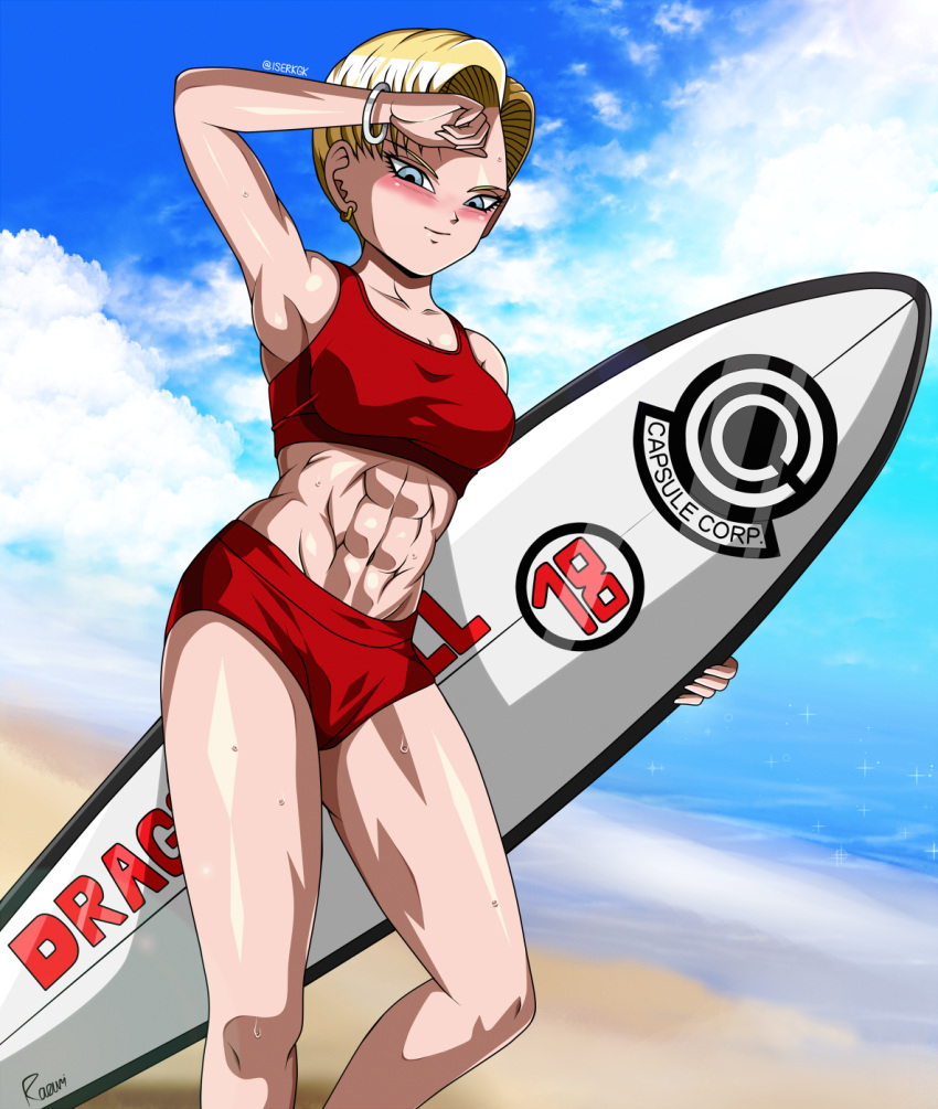 abs android_18 arm_up armpits beach bikini blue_eyes cloudy_sky dragon_ball earrings highres iserkgk muscle muscular_female red_bikini short_hair surfboard sweat swimsuit