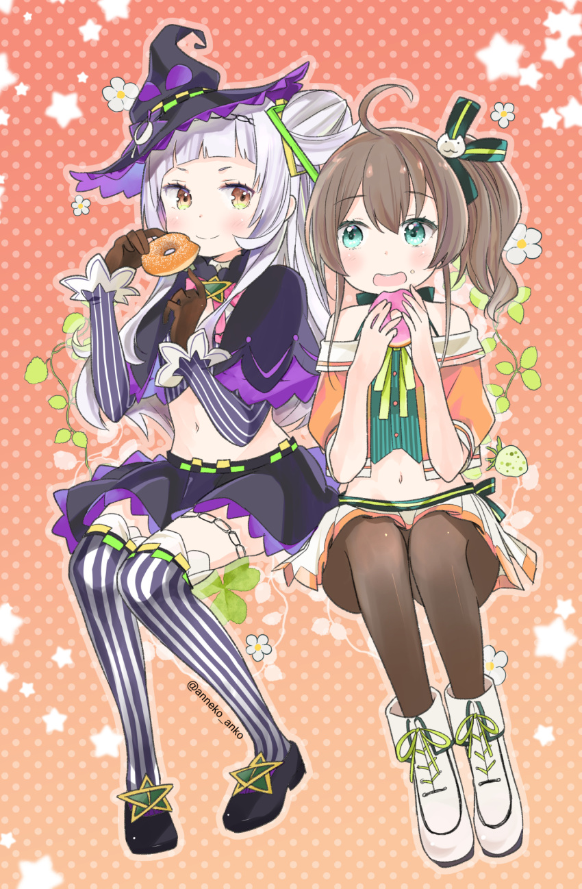 2girls black_legwear blue_eyes boots brown_hair capelet commentary_request crop_top doughnut eating food gloves hair_bun hair_ornament hair_ribbon hat highres hololive long_hair midriff multiple_girls murasaki_shion natsuiro_matsuri navel ribbon side_ponytail striped striped_legwear thigh-highs twitter_username virtual_youtuber witch_hat yellow_eyes