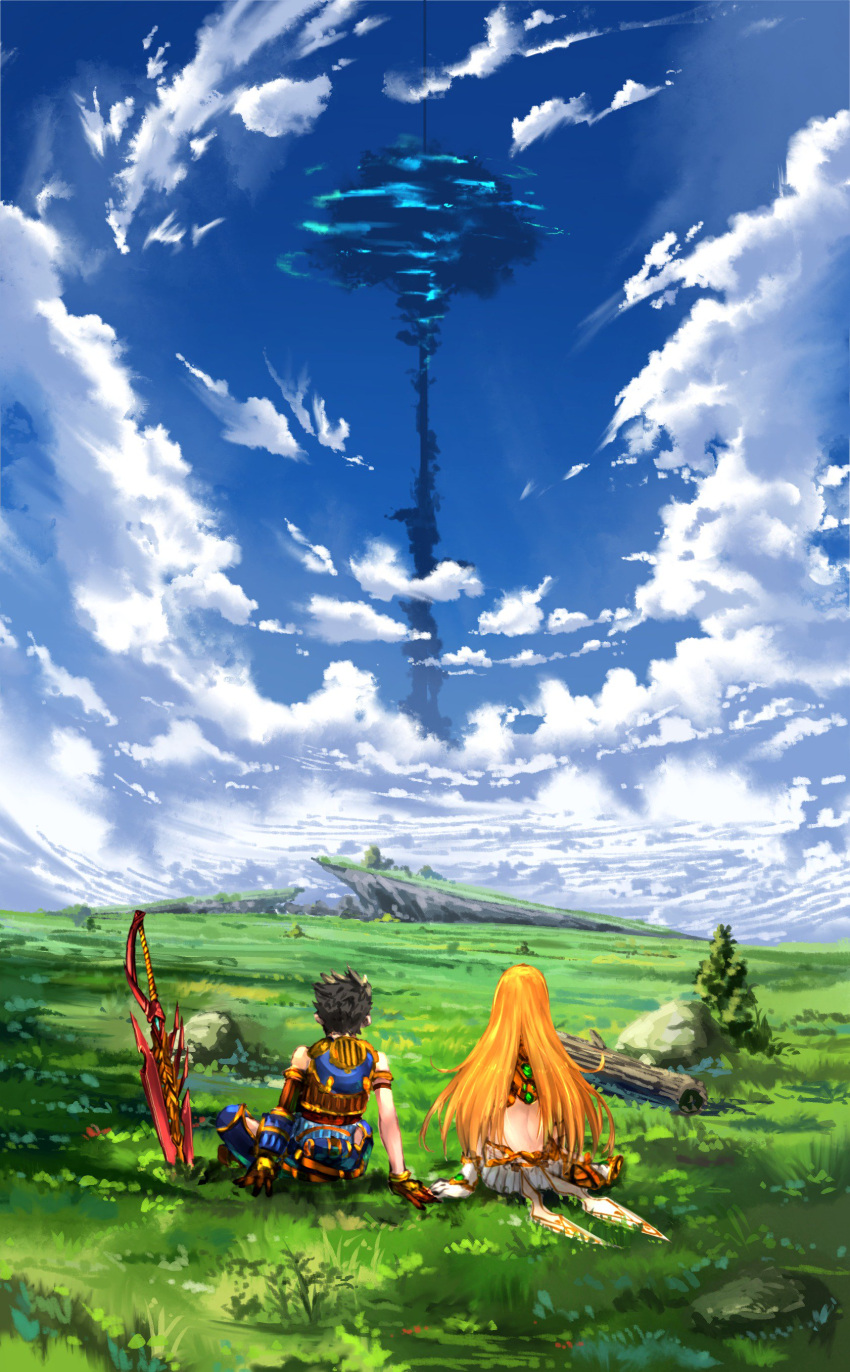 1boy 1girl absurdres arm_at_side arm_support armlet ass blue_sky brown_gloves brown_hair bush clouds commentary_request field from_behind gloves grass highres pyra_(xenoblade) nintendo planted_sword planted_weapon poteto_(potetosarada123) rex_(xenoblade_2) rock scenery short_hair sitting sky sword touching tree weapon xenoblade_(series) xenoblade_2