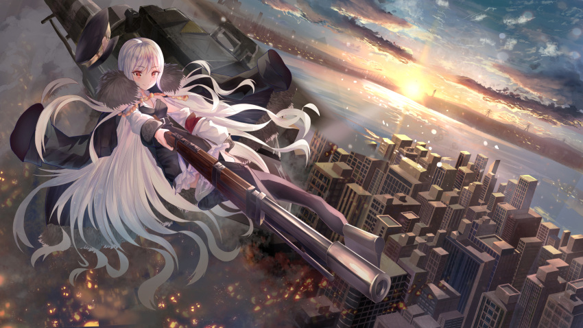 1girl absurdres aiguillette aircraft bangs black_footwear black_hat blush bolt_action boots breasts cityscape cleavage coat eyebrows_visible_through_hair falling fur-trimmed_coat fur_trim girls_frontline gun hair_between_eyes hat hat_removed headwear_removed helicopter highres iron_cross jacket_on_shoulders kar98k_(girls_frontline) long_hair mauser_98 peaked_cap pink_eyes red_eyes rifle scenery sidelocks smile smile2007h solo sunset thigh-highs thigh_boots very_long_hair weapon white_hair