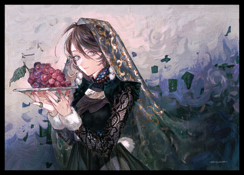 1girl black_hair blue_eyes food fruit grapes highres jewelry original plate ring ueno_zousui veil wallpaper