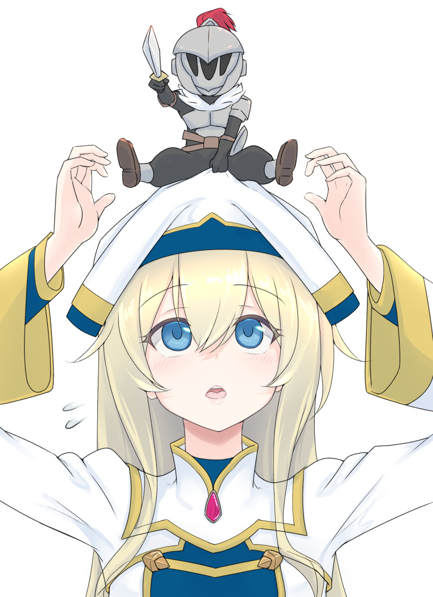 1girl armor bangs blonde_hair blue_eyes dress eyebrows_visible_through_hair flying_sweatdrops full_armor gem goblin_slayer goblin_slayer! hair_between_eyes hat helmet highres long_hair long_sleeves looking_up miniboy myht on_head open_mouth person_on_head priestess_(goblin_slayer!) simple_background sword weapon white_background white_hat