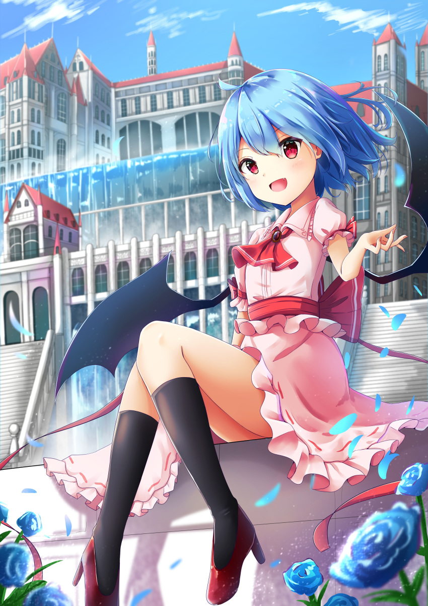 1girl absurdres ascot bad_id bat_wings black_legwear blue_flower blue_hair blue_rose blue_sky building clouds day dress flower frilled_dress frills full_body hand_up high_heels highres kneehighs looking_at_viewer no_hat no_headwear open_mouth outdoors petals pink_dress puffy_short_sleeves puffy_sleeves red_eyes red_footwear red_neckwear red_sash remilia_scarlet renka_(cloudsaikou) revision rose short_hair short_sleeves sitting sky smile solo touhou wings
