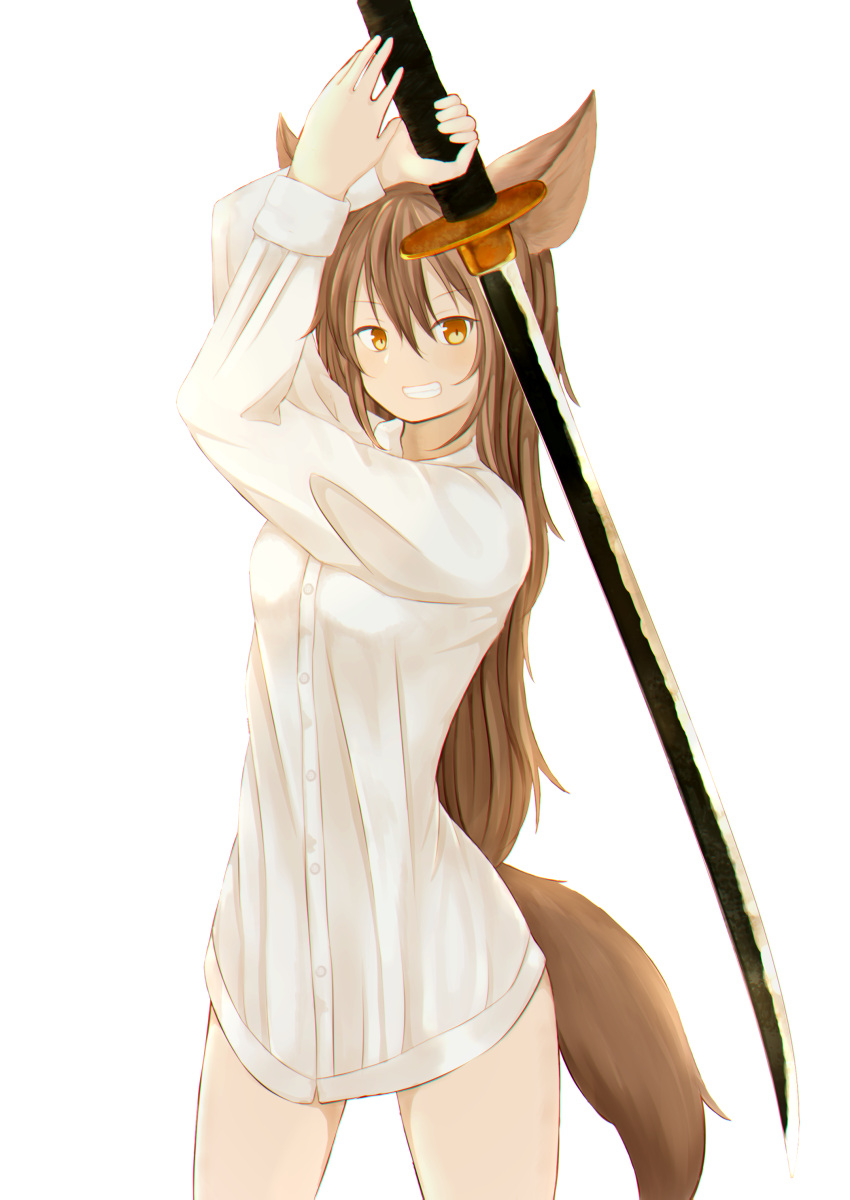 1girl absurdres animal_ears breasts brown_hair dress_shirt grin highres holding holding_sword holding_weapon katana long_hair long_sleeves medium_breasts naked_shirt nekonohayashiro original shirt simple_background smile sword weapon white_background white_shirt yellow_eyes