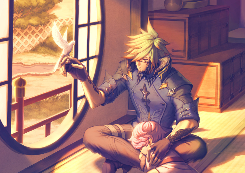 2boys absurdres animal bird bird_on_hand black_gloves blue_eyes clutch2130 final_fantasy final_fantasy_xiv fingerless_gloves glasses gloves green_hair highres lalafell lap_pillow legs_crossed multiple_boys neru_(ffxiv) shadow sitting smile sunlight white_bird window