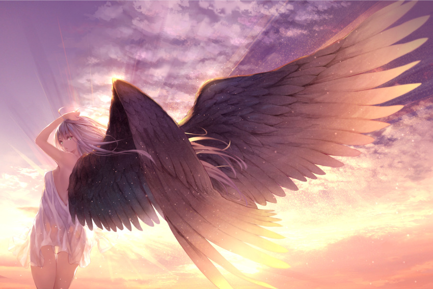 1girl aqua_eyes arms_up bare_shoulders blue_sky clouds dress eyebrows_visible_through_hair feathered_wings from_behind long_hair looking_at_viewer looking_back open_mouth original ryouku see-through sky solo standing sunrise white_dress white_hair wind wings