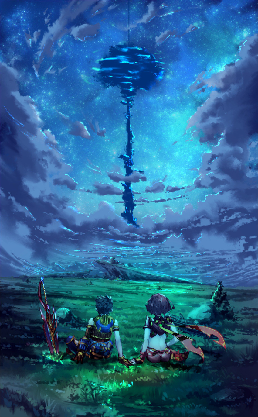 1boy 1girl absurdres arm_at_side arm_support armlet ass brown_gloves brown_hair bush clouds field from_behind gloves grass highres pyra_(xenoblade) night night_sky nintendo planted_sword planted_weapon poteto_(potetosarada123) redhead rex_(xenoblade_2) rock scenery short_hair sitting sky sword touching tree weapon xenoblade_(series) xenoblade_2