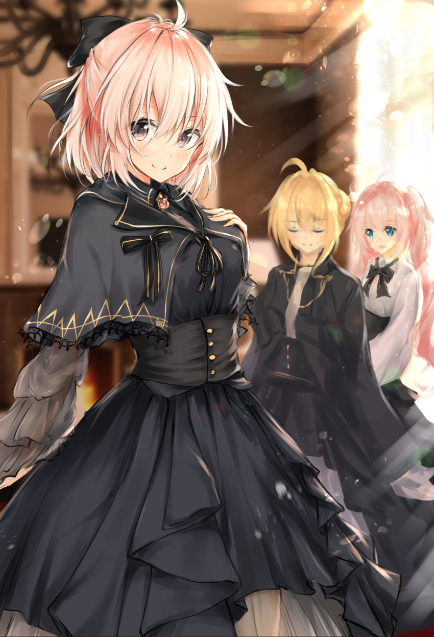 3girls absurdres ahoge bangs black_bow black_capelet black_dress black_ribbon black_skirt blonde_hair blue_eyes blurry blurry_background blush bow breasts brown_eyes capelet character_request closed_eyes closed_mouth commentary_request depth_of_field dress eyebrows_visible_through_hair facing_viewer fate/grand_order fate_(series) hair_between_eyes hair_bow hair_bun hand_on_own_chest hand_up head_tilt high-waist_skirt highres koha-ace looking_at_viewer multiple_girls neck_ribbon okita_souji_(fate) okita_souji_(fate)_(all) pink_hair ribbon shirt skirt small_breasts smile striped striped_bow striped_ribbon twintails uzuki_tsukuyo white_shirt