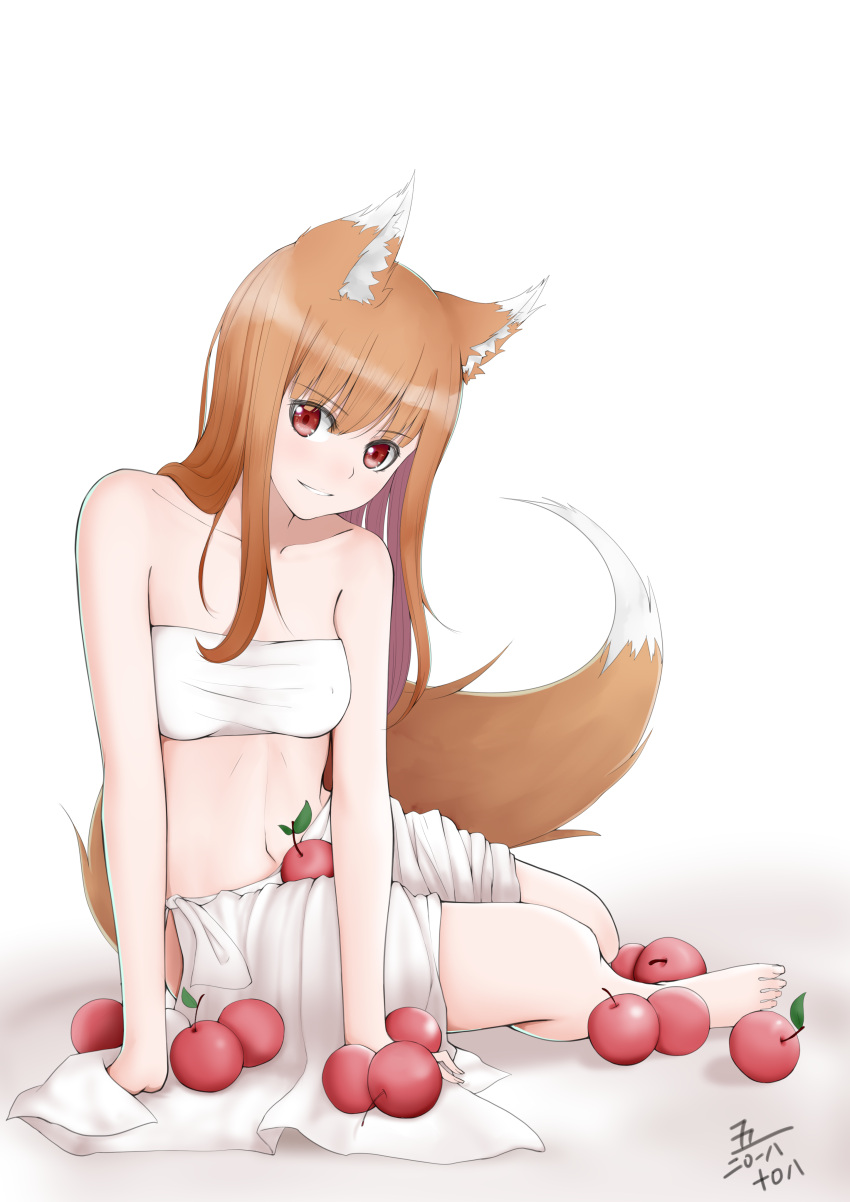 1girl absurdres animal_ears apple arm_support bare_legs bare_shoulders brown_hair collarbone eyebrows_visible_through_hair food fruit hair_between_eyes highres holo long_hair looking_at_viewer navel red_eyes signature sitting smile solo spice_and_wolf tail viktorf wolf_ears wolf_girl wolf_tail