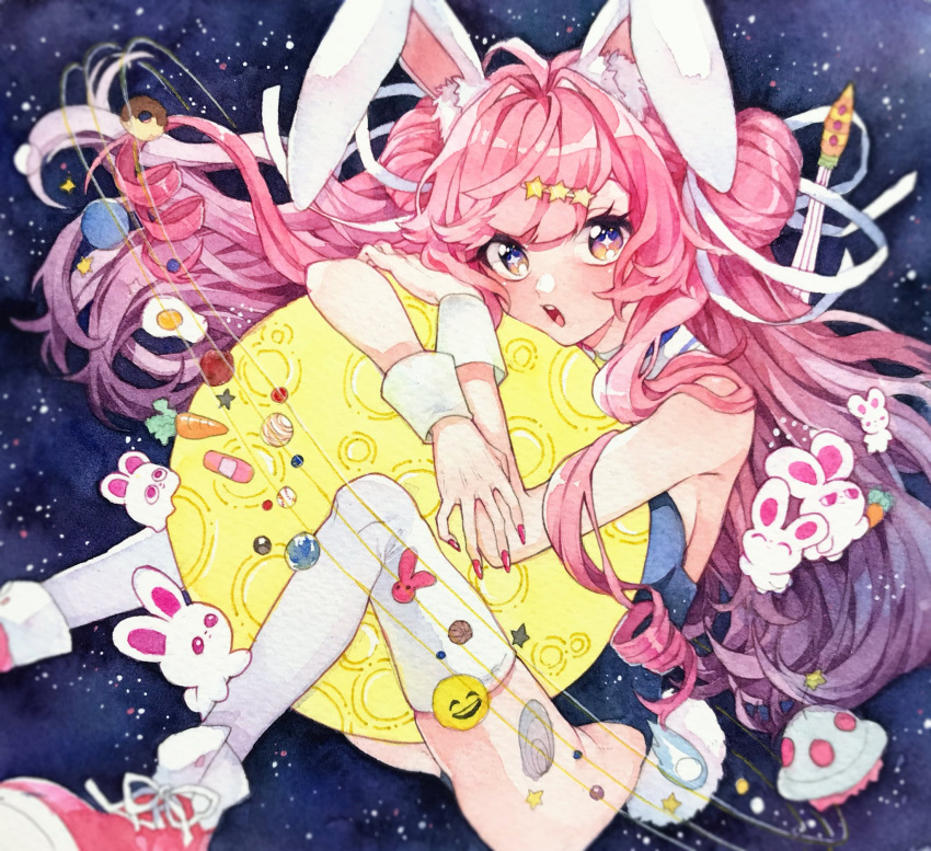 1girl animal_ears bangs blue_leotard english_commentary full_moon hair_ornament highres leotard long_hair moon open_mouth original pink_eyes pink_hair pink_nails playboy_bunny rabbit rabbit_ears rabbit_girl rabbit_tail shinku_(ffs0705_s) shoes sneakers solo star_(symbol) star_hair_ornament strapless strapless_leotard tail thigh-highs violet_eyes white_thighhighs wrist_cuffs