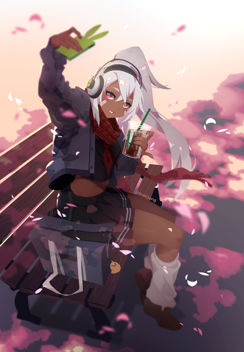 1girl azur_lane bag bandaid bandaid_on_face bench black_skirt cellphone coffee_cup commentary crop_top cup disposable_cup drinking_straw english_commentary finni_chang full_body hair_between_eyes headphones high_ponytail highres leg_warmers loafers long_hair midriff minneapolis_(azur_lane) navel petals phone plaid plaid_scarf pleated_skirt red_eyes red_scarf scarf school_uniform self_shot serafuku shoes silver_hair sitting skirt smartphone smartphone_case solo toned