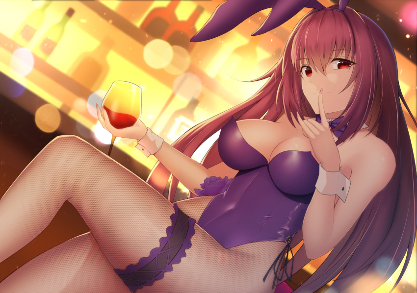 alcohol animal_ears bar bare_shoulders bow breasts bunny_girl bunnysuit cleavage counter cup detached_collar drink drinking_glass fake_animal_ears fate/grand_order fate_(series) feng_mouren finger_to_mouth fishnet_pantyhose fishnets flower glass indoors large_breasts light_smile long_hair pantyhose purple_hair rabbit_ears red_eyes rose scathach_(fate)_(all) scathach_(fate/grand_order) strapless thigh_strap wrist_cuffs