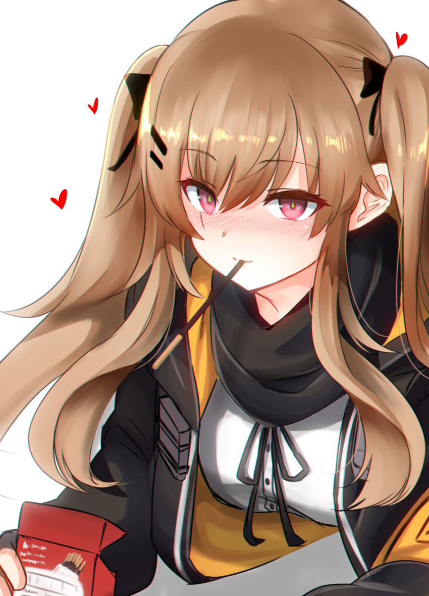 10eki_(tenchou) absurdres bangs black_ribbon blush breasts brown_hair food girls_frontline hair_ornament hairclip highres hood hooded_jacket jacket long_hair looking_at_viewer lying neck_ribbon on_stomach pocky pocky_day pocky_kiss red_eyes ribbon scar scar_across_eye scarf shared_food shirt sidelocks smile twintails ump9_(girls_frontline) white_shirt