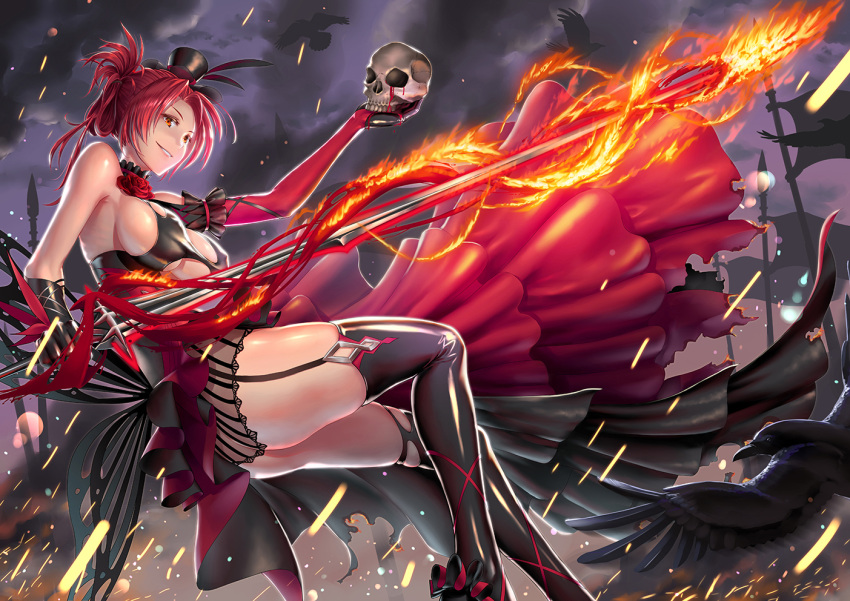1girl alternate_costume bangs bare_shoulders bird black_gloves black_legwear blood blood_rose breasts cleavage clouds cloudy_sky dress elbow_gloves eyebrows_visible_through_hair fire folded_ponytail garter_straps gloves gotointhepark hair_ornament hat holding holding_skull holding_sword holding_weapon honkai_impact large_breasts light_particles long_hair looking_at_viewer mini_hat murata_himeko parted_bangs raven_(animal) red_gloves redhead sideboob skindentation sky smile smirk solo sword thigh-highs thighs two-tone_dress weapon yellow_eyes
