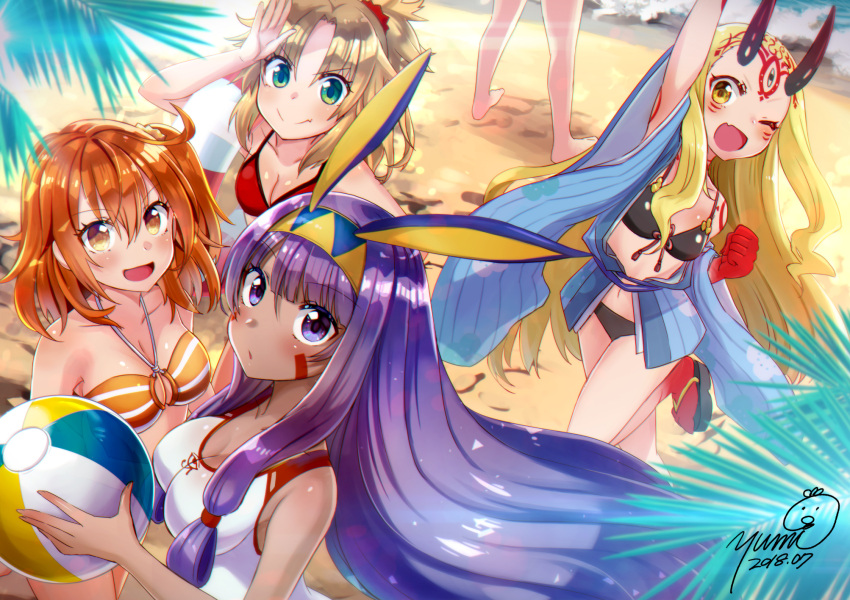 &gt;:) 4girls :d arm_up ball beach beachball bikini black_bikini blonde_hair blush breasts cleavage clenched_hand commentary_request dark_skin eye_of_horus facial_tattoo fang fate/apocrypha fate/grand_order fate_(series) flat_chest from_above fujimaru_ritsuka_(female) green_eyes hairband highres horns ibaraki_douji_(fate/grand_order) ibaraki_douji_(swimsuit_lancer)_(fate) large_breasts lifebuoy long_hair looking_at_viewer mordred_(fate)_(all) mordred_(swimsuit_rider)_(fate) multiple_girls nitocris_(fate/grand_order) nitocris_(swimsuit_assassin)_(fate) one-piece_swimsuit one_eye_closed one_side_up open_mouth orange_bikini_top orange_eyes orange_hair purple_hair red_bikini_top signature smile standing standing_on_one_leg swimsuit tattoo violet_eyes white_swimsuit yellow_eyes yumi_yumi