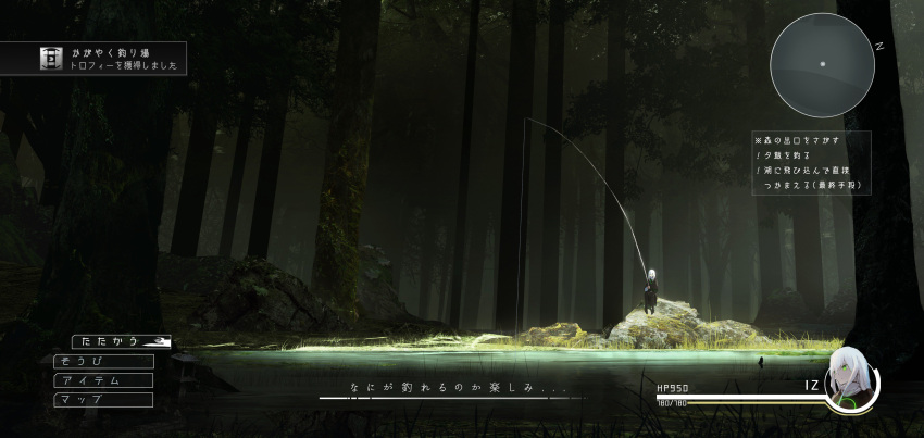 1girl absurdres asuteroid commentary_request day fake_screenshot fishing fishing_rod forest green_eyes heads-up_display health_bar highres iz_(asuteroid) long_hair minimap nature original outdoors scenery sitting solo translation_request very_wide_shot