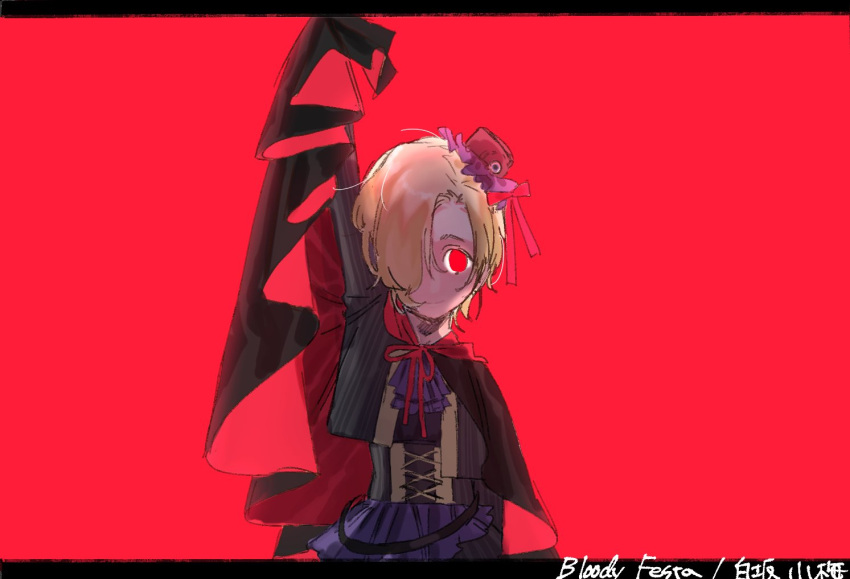 1girl arm_up ascot blonde_hair character_name cloak commentary_request hair_over_one_eye hat idolmaster idolmaster_cinderella_girls jacket letterboxed long_sleeves looking_at_viewer mini_hat red_background red_eyes red_ribbon ribbon shirasaka_koume short_hair simple_background smile solo song_name upper_body yagita_(astronomie)