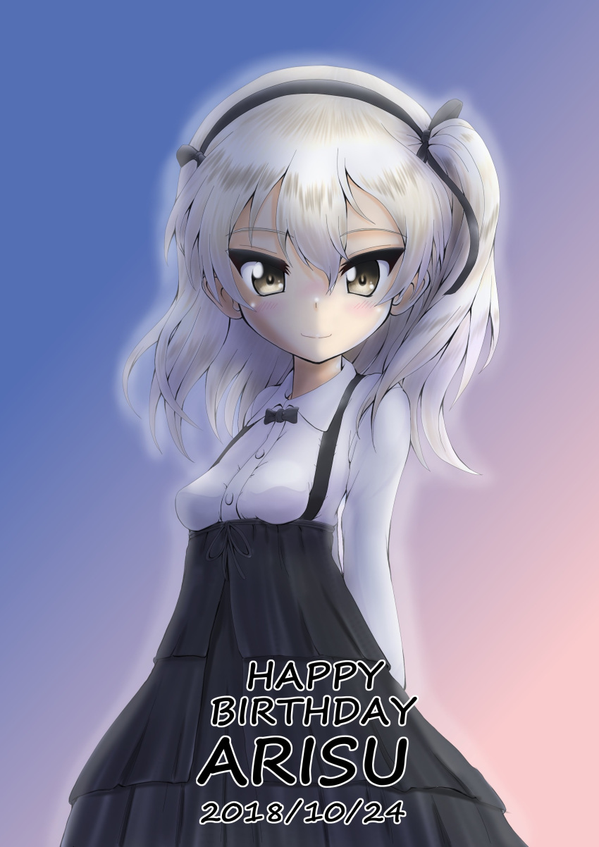 1girl absurdres arms_behind_back bangs black_neckwear black_ribbon black_skirt bow bowtie brown_eyes casual character_name closed_mouth collared_shirt commentary_request cowboy_shot dated daxz240r english eyebrows_visible_through_hair girls_und_panzer gradient gradient_background hair_ribbon happy_birthday high-waist_skirt highres layered_skirt light_brown_hair long_hair long_sleeves looking_at_viewer medium_skirt ribbon shimada_arisu shirt side_ponytail skirt smile solo standing suspender_skirt suspenders white_shirt