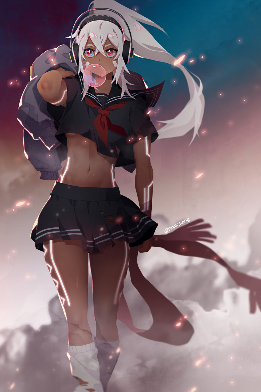 1girl azur_lane black_skirt breasts bubble_blowing chewing_gum commentary crop_top dark_skin english_commentary finni_chang full_body_tattoo glowing_tattoo hair_between_eyes headphones high_ponytail highres jacket_over_shoulder leg_warmers long_hair minneapolis_(azur_lane) navel no_bra ponytail red_eyes scarf scarf_removed school_uniform serafuku simple_background skirt small_breasts solo tattoo toned torn_clothes torn_legwear under_boob walking