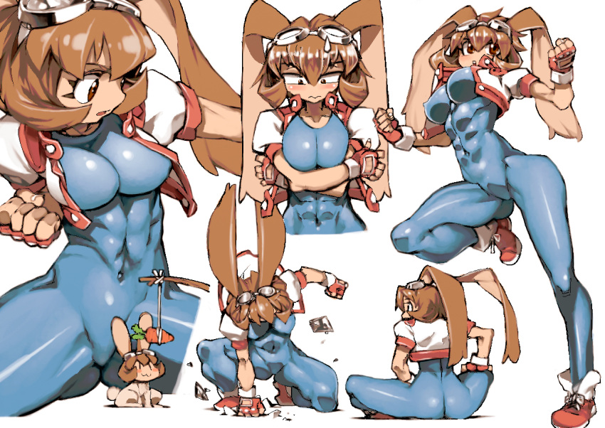 1girl animal_ears ass breasts brown_eyes brown_hair carrot carrot_on_stick commentary_request fingerless_gloves gloves goggles goggles_on_head large_breasts makihara_arina multiple_views rabbit rabbit_ears short_hair simple_background solo sweatdrop thick_thighs thighs toned waku_waku_7 white_background ysk!