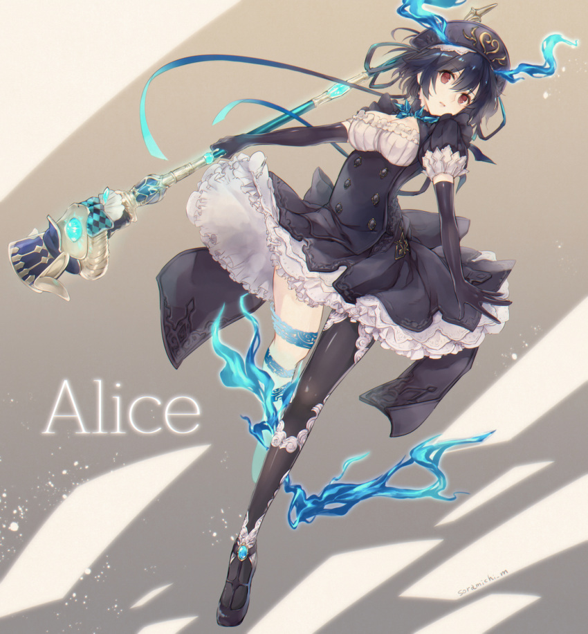 1girl alice_(sinoalice) black_dress black_hair black_legwear breasts character_name cleavage dress elbow_gloves full_body gloves holding holding_staff looking_at_viewer medium_breasts puffy_short_sleeves puffy_sleeves red_eyes short_hair short_sleeves single_thighhigh sinoalice solo soramichi_megumu staff thigh-highs