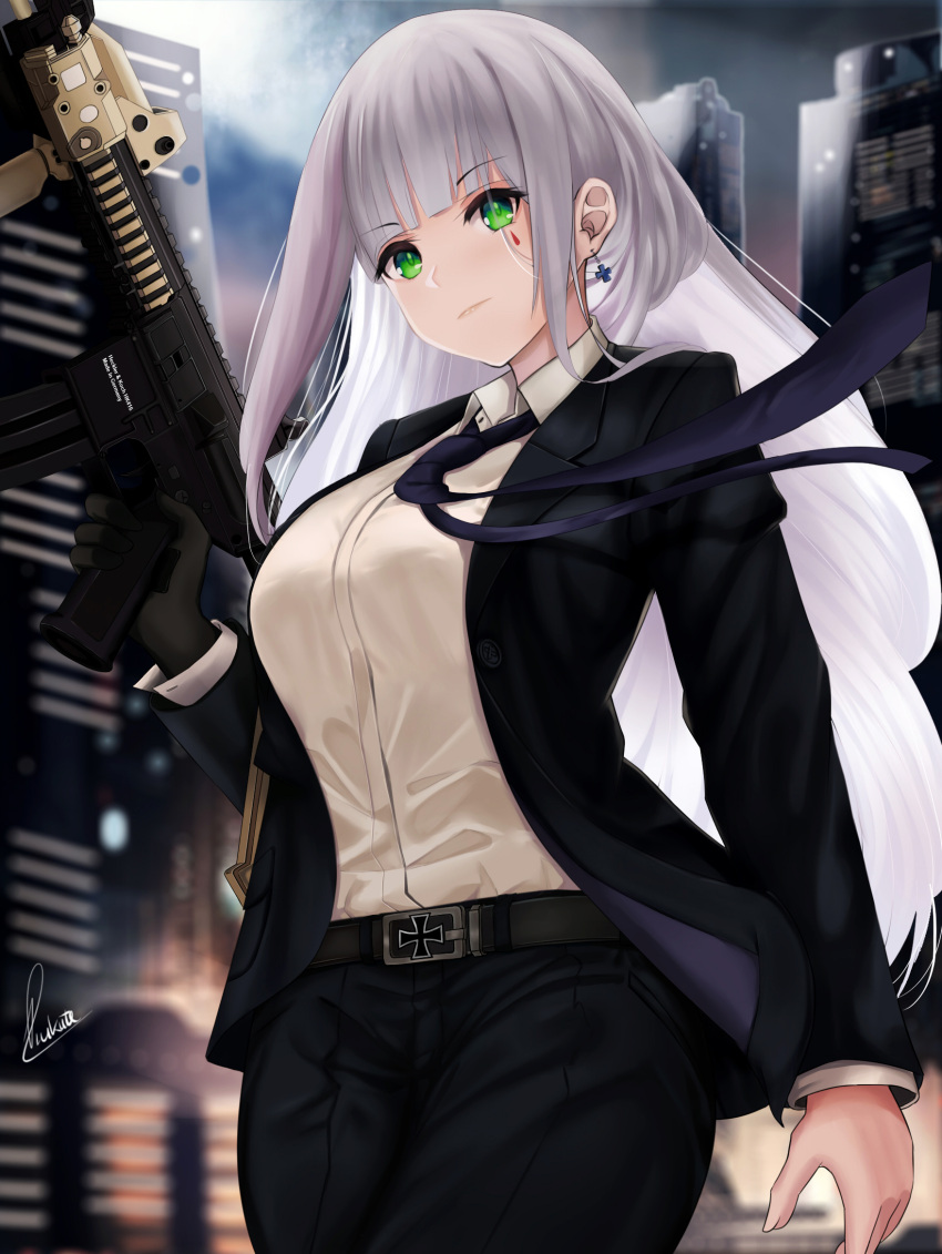 1girl assault_rifle bangs belt black_jacket black_pants blunt_bangs blurry blurry_background blush breasts buckle cityscape closed_mouth collared_shirt cowboy_shot earrings eyebrows_visible_through_hair facial_mark floating_hair girls_frontline gloves green_eyes gun heckler_&amp;_koch highres hk416 hk416_(girls_frontline) holding holding_gun holding_weapon jacket jewelry large_breasts long_hair looking_at_viewer necktie outdoors pants piukute062 rifle shirt sidelocks signature silver_hair solo teardrop very_long_hair weapon white_shirt wind wind_lift