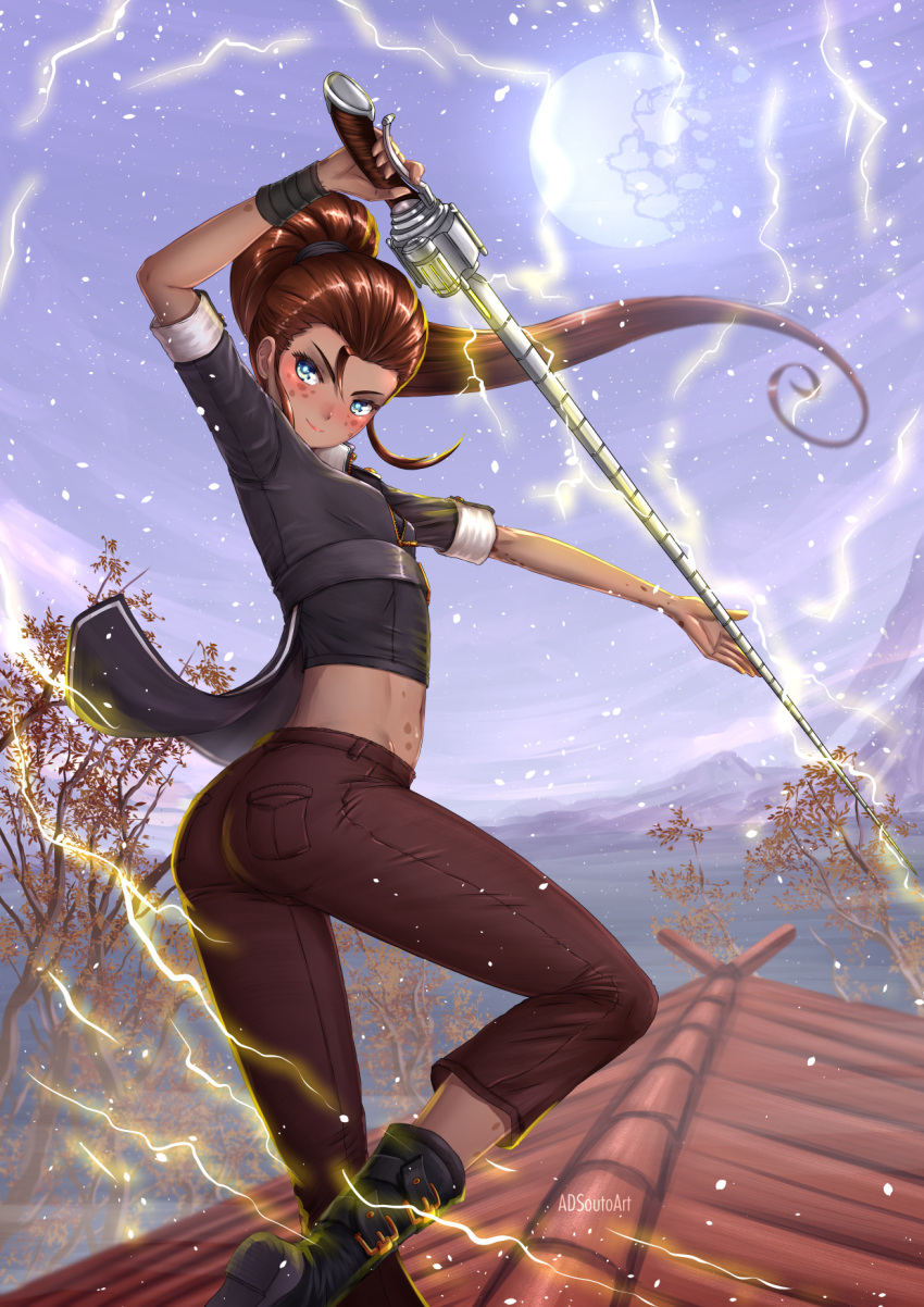 1girl adsouto artist_name ass black_gloves blue_eyes blush boots breasts broken_moon brown_hair casual closed_mouth day electricity from_behind gloves highres ilia_amitola long_hair looking_at_viewer looking_back midriff moon pants ponytail rooftop rwby short_sleeves small_breasts smile solo spots sword tree weapon