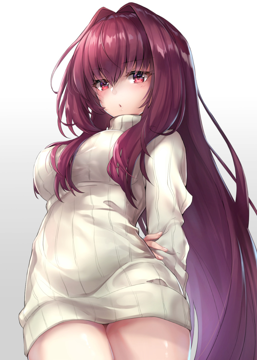 1girl :o arm_behind_back bangs blush breasts closed_mouth commentary_request eyebrows_visible_through_hair fate/grand_order fate_(series) fingernails gradient gradient_background grey_background hair_between_eyes hair_intakes hane_yuki highres large_breasts long_hair looking_at_viewer purple_hair red_eyes ribbed_sweater scathach_(fate)_(all) scathach_(fate/grand_order) sidelocks solo sweater turtleneck turtleneck_sweater very_long_hair white_background white_sweater