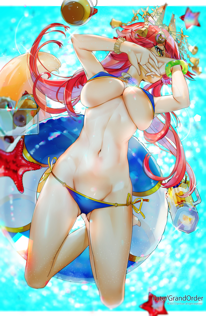 1girl absurdres animal_ears artist_name bad_id bare_legs barefoot bell bikini bikini_pull blue_bikini blurry bracelet breasts brown_eyes cleavage copyright_name depth_of_field drink el-zheng fate/grand_order fate_(series) fox_ears fox_tail from_below glint gluteal_fold groin hair_bell hair_ornament highres innertube jewelry large_breasts legs_crossed long_hair looking_away lying navel necklace o-ring o-ring_bikini o-ring_bottom on_stomach own_hands_together pink_hair side-tie_bikini solo sparkle starfish swimsuit tail tamamo_(fate)_(all) tamamo_no_mae_(fate) tamamo_no_mae_(swimsuit_lancer)_(fate) under_boob