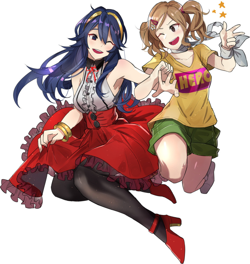 2girls absurdres alternate_costume bare_shoulders black_legwear blue_eyes blue_hair bracelet brown_hair commission cynthia_(fire_emblem) dress ebinku fire_emblem fire_emblem:_kakusei green_shorts hair_ornament hairclip high_heels highres jewelry long_hair lucina multiple_girls nintendo one_eye_closed open_mouth short_sleeves shorts simple_background sleeveless sleeveless_dress tiara twintails white_background