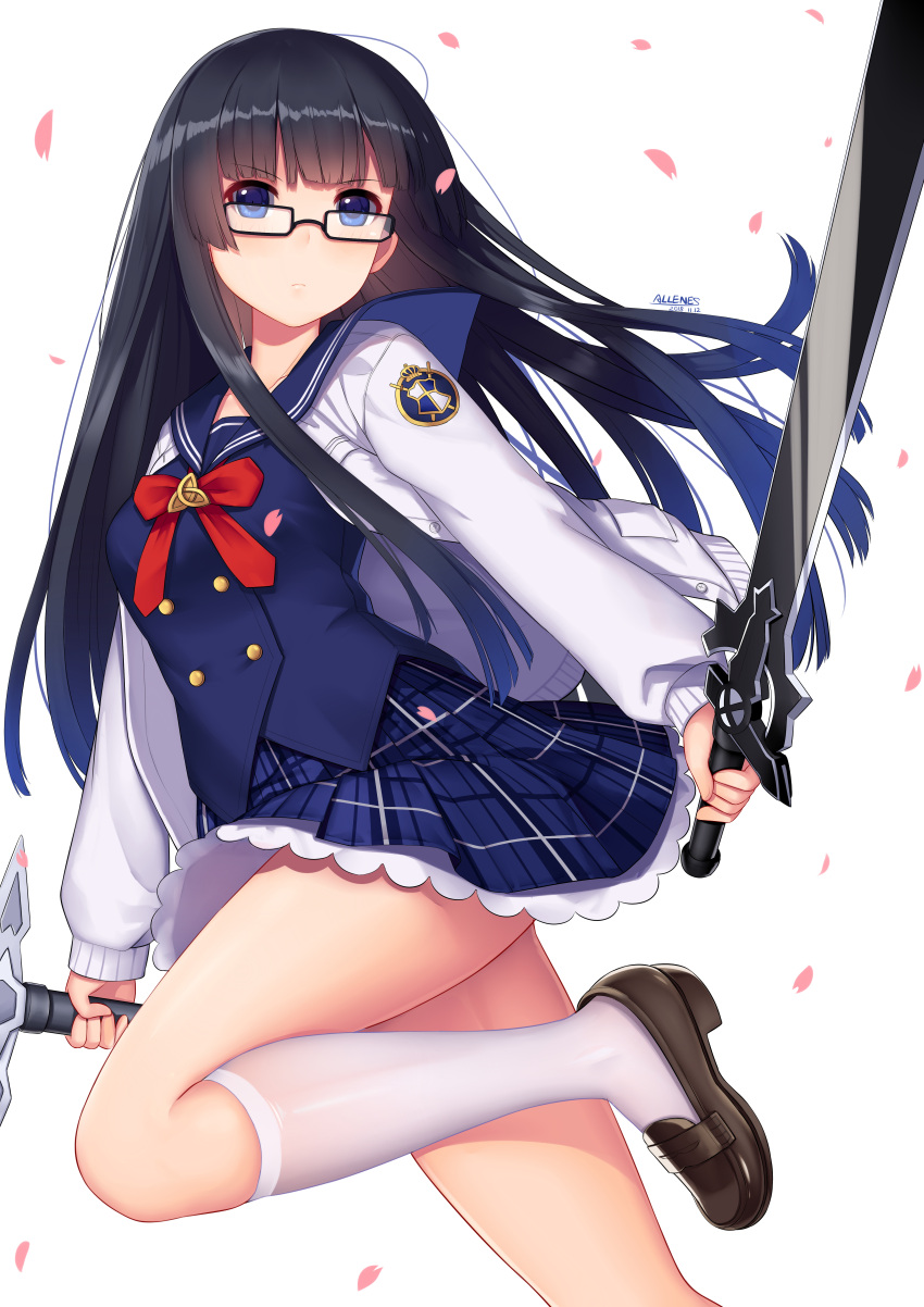1girl absurdres allenes bangs black-framed_eyewear black_hair blue_eyes blue_hair blue_sailor_collar blue_shirt blue_skirt blush bow brown_footwear cardigan closed_mouth commentary_request dual_wielding eyebrows_visible_through_hair fingernails glasses gradient_hair highres holding holding_sword holding_weapon kneehighs loafers long_hair long_sleeves looking_at_viewer mabinogi multicolored_hair open_cardigan open_clothes original petals plaid plaid_skirt pleated_skirt red_bow sailor_collar school_uniform serafuku shirt shoes simple_background skirt sleeves_past_wrists solo standing standing_on_one_leg sword very_long_hair weapon white_background white_cardigan white_legwear