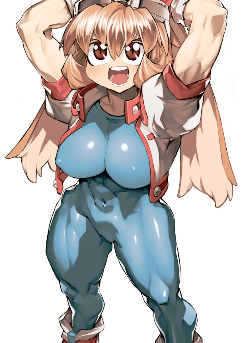 1girl animal_ears arms_up breasts brown_eyes brown_hair commentary commentary_request covered_navel erect_nipples highres large_breasts leotard looking_up makihara_arina rabbit_ears short_hair simple_background solo thick_thighs thighs toned waku_waku_7 white_background ysk!