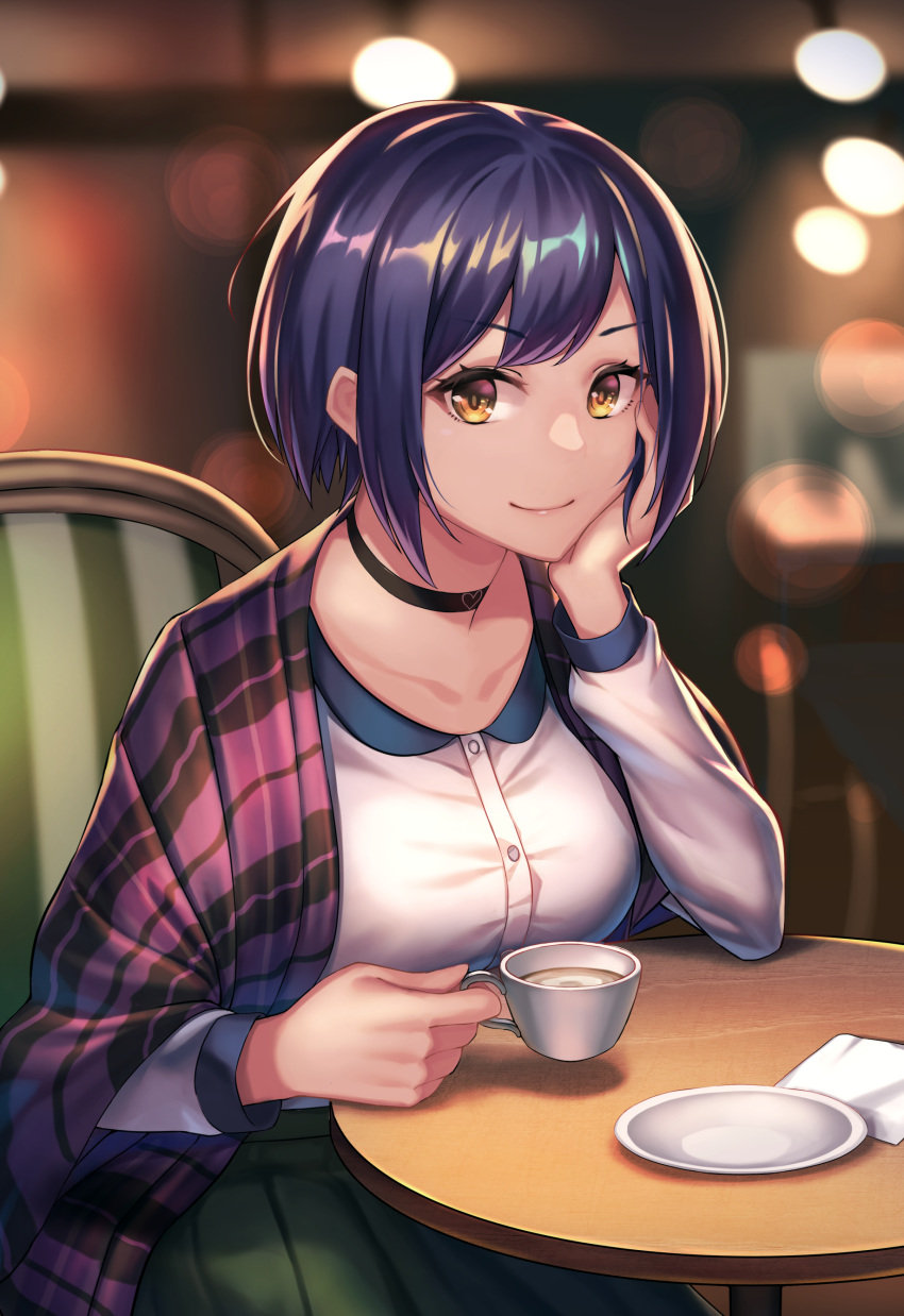 1girl absurdres blue_hair blurry blurry_background casual chair chin_rest choker coffee collarbone commentary cup heart highres holding holding_cup hrtyuk long_sleeves looking_at_viewer nijisanji saucer shizuka_rin short_hair smile tagme virtual_youtuber yellow_eyes