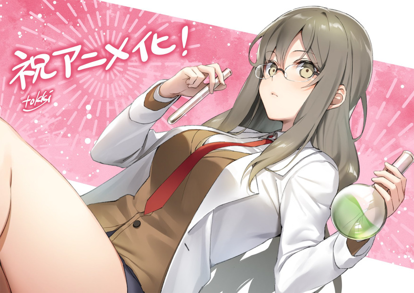 1girl artist_name breasts brown_eyes brown_hair closed_mouth collared_shirt expressionless eyebrows_visible_through_hair futaba_rio glasses highres labcoat large_breasts long_sleeves looking_at_viewer necktie red_neckwear seishun_buta_yarou shirt solo test_tube tokki translated white_shirt