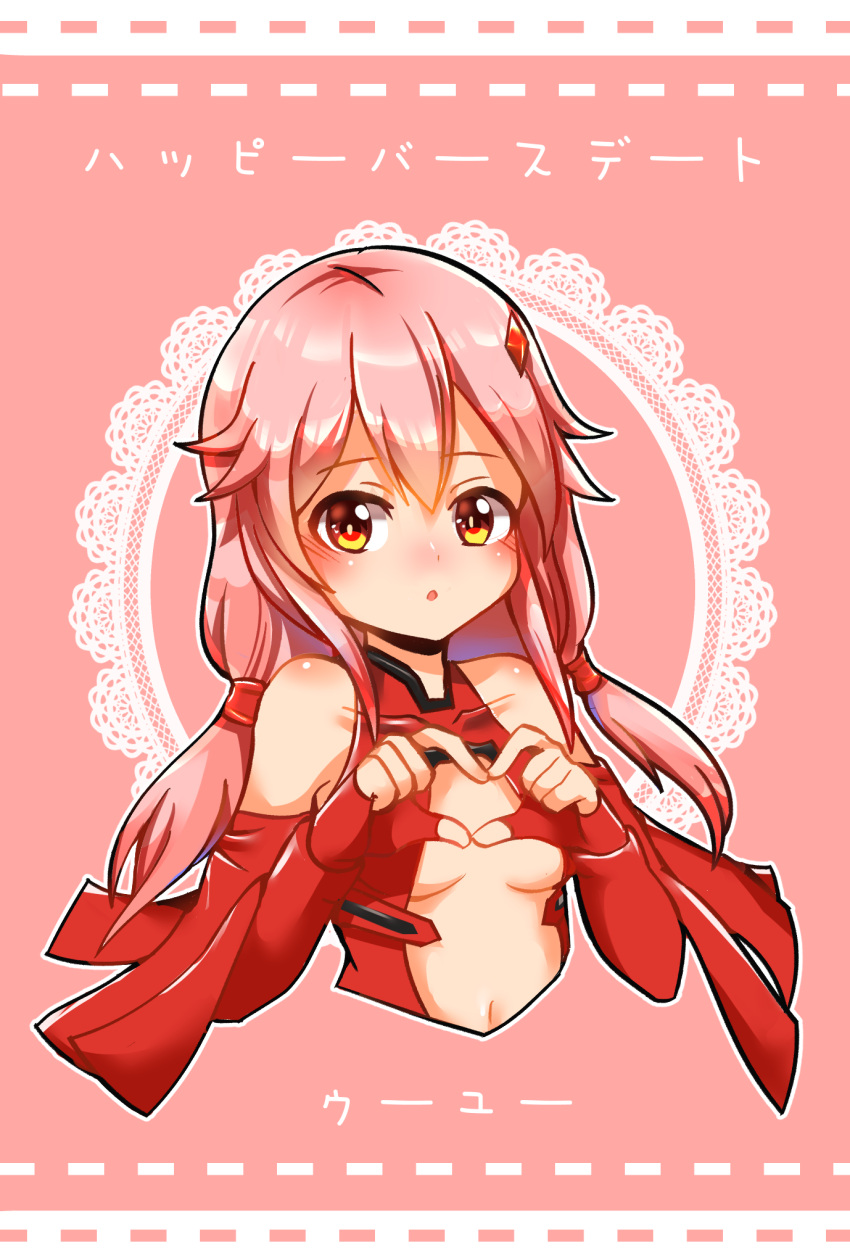 1girl bare_shoulders blush breasts catmeow405 center_opening cleavage detached_sleeves elbow_gloves fingerless_gloves gloves guilty_crown hair_ornament hairclip heart heart_hands highres long_hair looking_at_viewer medium_breasts open_mouth pink_hair red_eyes solo twintails yuzuriha_inori