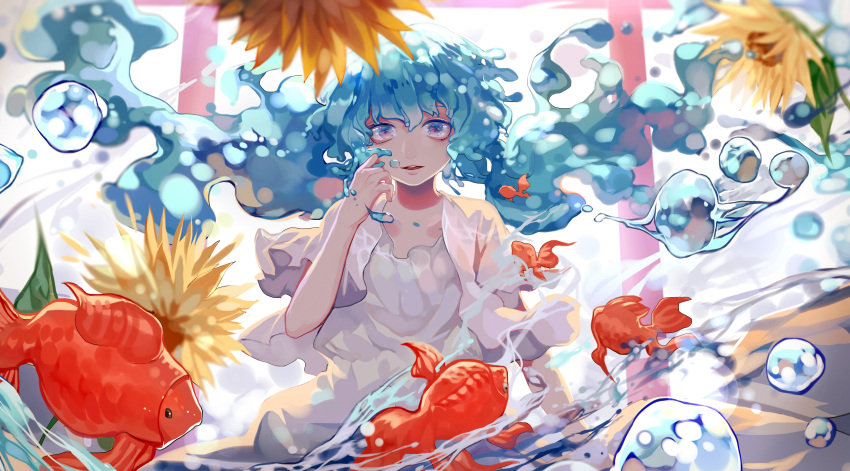 absurdres blue_hair bottle_miku dress floating_hair flower hatsune_miku highres koi open_mouth torii violet_eyes vocaloid wallpaper water_drop white_dress wu_se_bu_hui_(940164887)