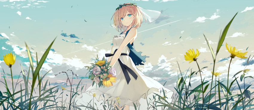 1girl absurdres bangs blue_eyes blue_sky blush bouquet breasts closed_mouth clouds cloudy_sky commentary day dress eyebrows_visible_through_hair flower hair_between_eyes head_tilt highres holding holding_bouquet light_brown_hair looking_at_viewer original outdoors rose school_uniform serafuku sky small_breasts smile solo standing sutorora veil white_dress white_flower white_rose yellow_flower
