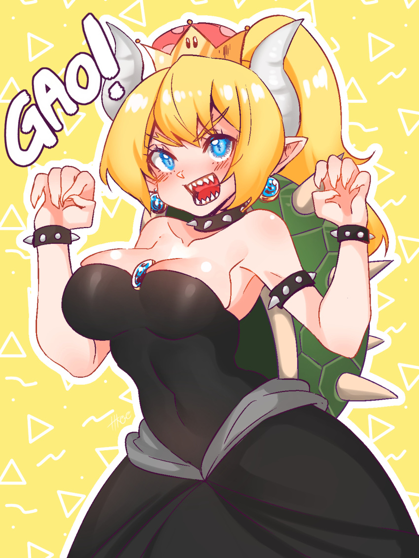 1girl bare_shoulders black_collar black_dress blonde_hair blue_eyes blush bowsette bracelet breasts cleavage collar covered_navel cowboy_shot crown dress earrings eyebrows_visible_through_hair fingernails hands_up highres hkoo horns jewelry large_breasts long_hair super_mario_bros. new_super_mario_bros._u_deluxe nintendo outline pointy_ears ponytail sharp_fingernails sharp_teeth solo spiked_armlet spiked_bracelet spiked_collar spiked_shell spikes strapless strapless_dress super_crown teeth turtle_shell yellow_background