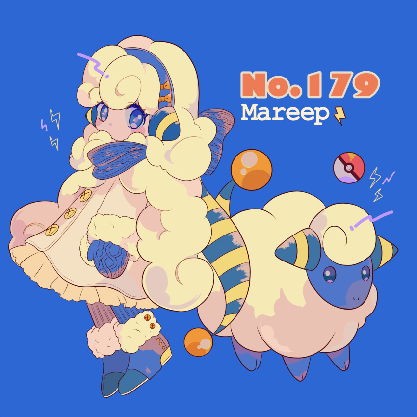 1girl blue_background blue_eyes blue_footwear bow character_name creatures_(company) earmuffs eyes_visible_through_hair full_body fur_trim game_freak gen_2_pokemon hat highres lightning_bolt long_hair long_sleeves looking_at_viewer mameeekueya mareep mittens moemon nintendo orange_bow personification poke_ball pokemon pokemon_(creature) pokemon_number sheep shoes simple_background standing white_hat