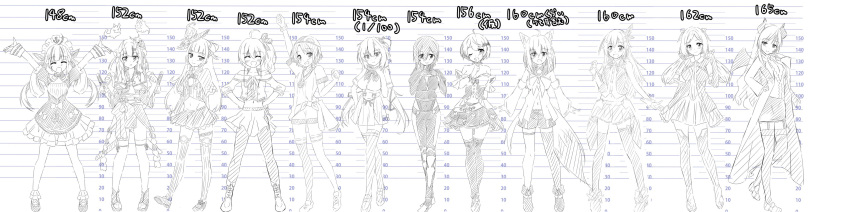 6+girls absurdres arm_up arms_up character_name closed_eyes height_chart height_difference highres hololive kiyo_(dualmoon) long_image looking_at_viewer monochrome multiple_girls one_eye_closed roboco-san roboco_ch. shirakami_fubuki thigh-highs tokino_sora_channel virtual_youtuber wide_image