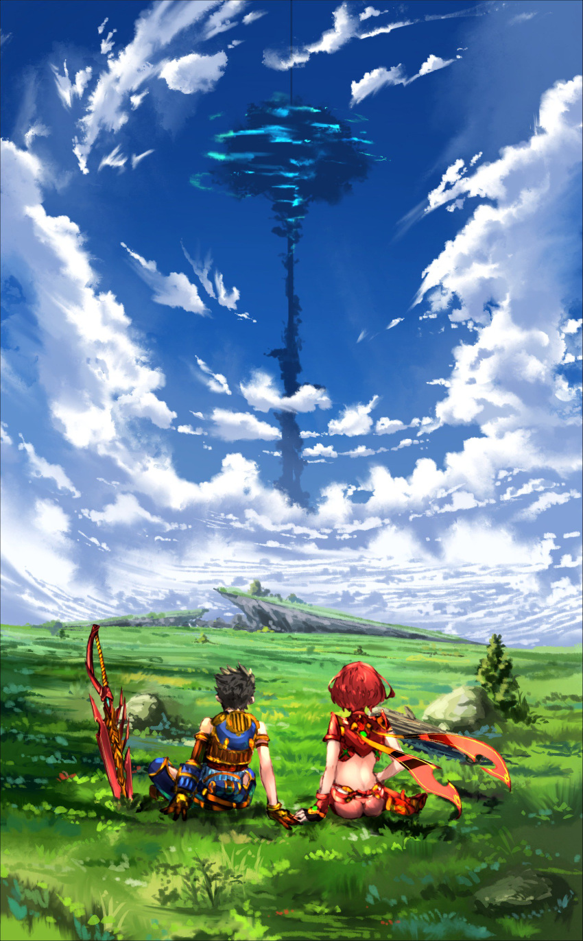 1boy 1girl absurdres arm_at_side arm_support armlet ass blue_sky brown_gloves brown_hair bush clouds field from_behind gloves grass highres pyra_(xenoblade) nintendo planted_sword planted_weapon poteto_(potetosarada123) redhead rex_(xenoblade_2) rock scenery short_hair sitting sky sword touching tree weapon xenoblade_(series) xenoblade_2