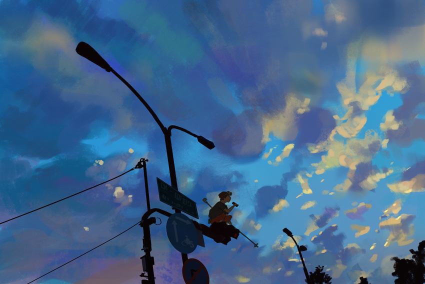 1boy blue_sky clouds lamppost original outdoors scenery sign sky snatti sunset tree urban utility_pole