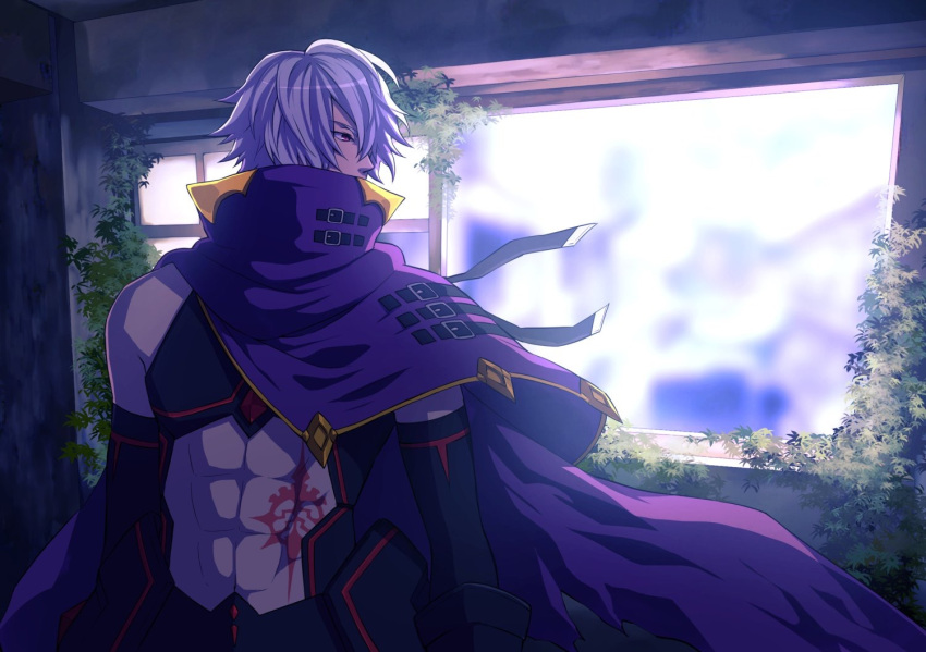 1boy abs black_gloves brown_eyes cape clutch2130 covered_mouth elbow_gloves gloves indoors male_focus midriff original overgrown purple_cape standing tattoo white_hair window