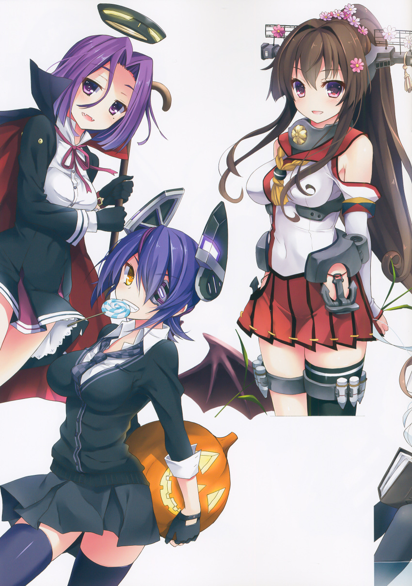 3girls absurdres bankoku_ayuya bat_wings black_gloves black_legwear breasts cane cape cardigan checkered checkered_neckwear clenched_teeth eyepatch fangs gloves halloween headgear highres ios_wallpaper jack-o'-lantern kantai_collection looking_at_viewer mechanical_halo medium_breasts mole mole_under_eye mouth_hold multiple_girls necktie purple_hair scan short_hair skirt tatsuta_(kantai_collection) teeth tenryuu_(kantai_collection) violet_eyes wings yamato_(kantai_collection) yellow_eyes