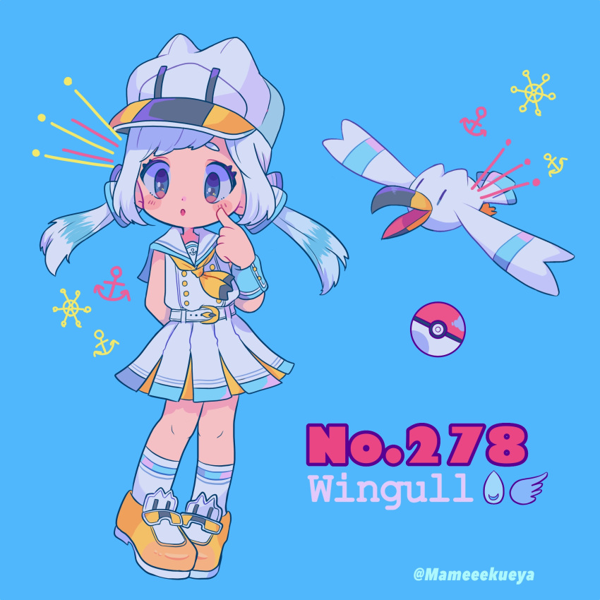 1girl anchor aqua_background arm_behind_back artist_name ascot bangs belt blush character_name creatures_(company) english finger_to_cheek full_body game_freak gen_3_pokemon hat highres long_hair mameeekueya moemon nintendo open_mouth personification poke_ball pokemon pokemon_(creature) pokemon_number sailor_collar seagull shoes simple_background standing twintails twitter_username white_belt white_hair white_hat wings wingull yellow_footwear yellow_neckwear