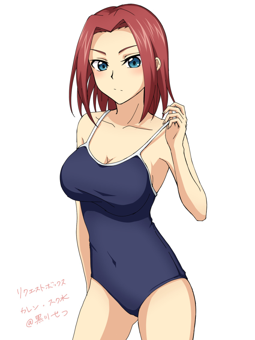 1girl ashford_academy_swimsuit blue_eyes blue_swimsuit blush breasts cleavage code_geass collarbone covered_navel cowboy_shot highres kallen_stadtfeld large_breasts looking_at_viewer redhead school_swimsuit setu_kurokawa short_hair sideboob solo swimsuit