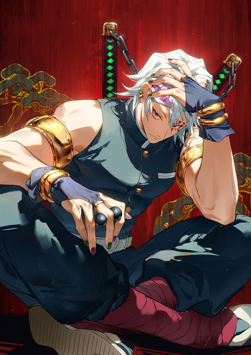 1boy absurdres armlet bangs bare_shoulders belt between_fingers black_socks bracelet bridal_gauntlets chain chain_blades closed_mouth explosive facial_mark forehead_protector green_nails hair_between_eyes hand_on_own_head hand_up highres holding index_finger_raised jewelry kimetsu_no_yaiba leg_wrap light_smile looking_at_viewer makeup male_focus multicolored_nails pink_gemstone red_background red_nails sandals shoe_soles short_hair sitting sleeveless socks solo sword sword_on_back tabi ttyttytty uzui_tengen violet_eyes weapon weapon_on_back white_hair